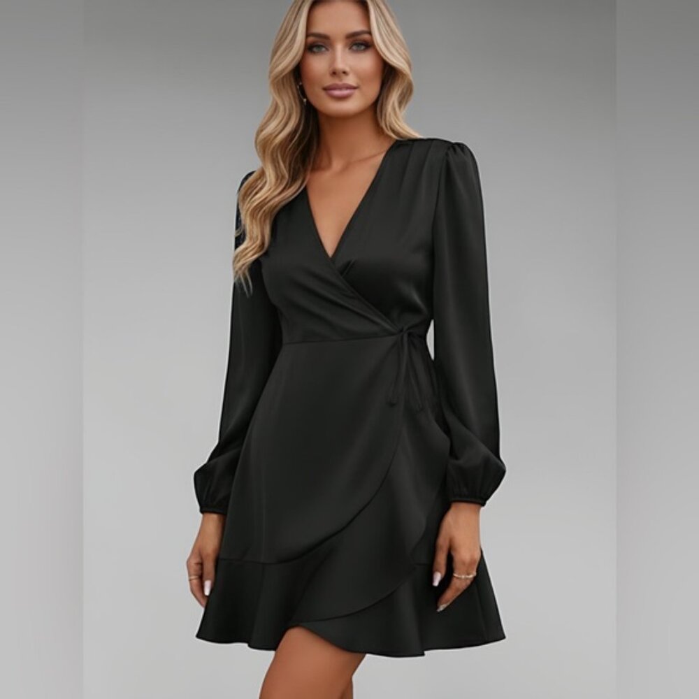 Black Satin Wrap Tie Lantern Sleeve Dress